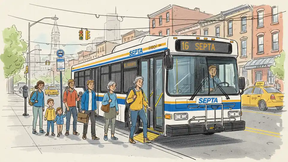 SEPTA bus at busy Philadelphia street stop with passengers boarding during daytime