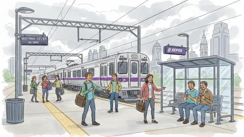 SEPTA regional rail train at station platform under cloudy skies with commuters waiting