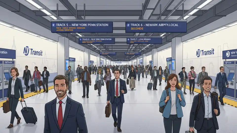 Penn Station New Jersey Transit concourse with directional signage and commuters during peak hours