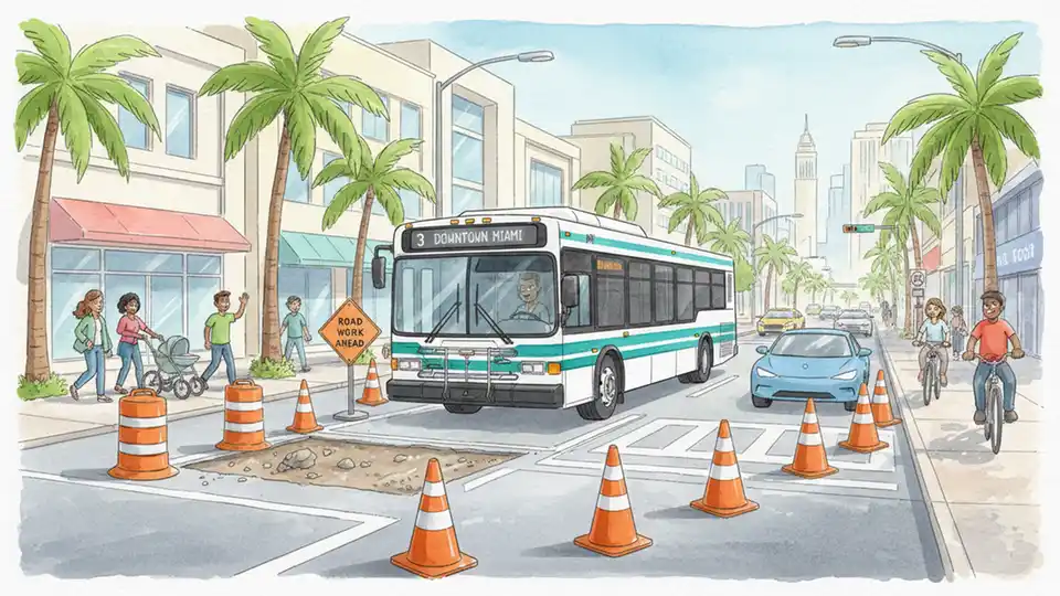 Transit bus passing construction zone on urban arterial road with orange traffic cones