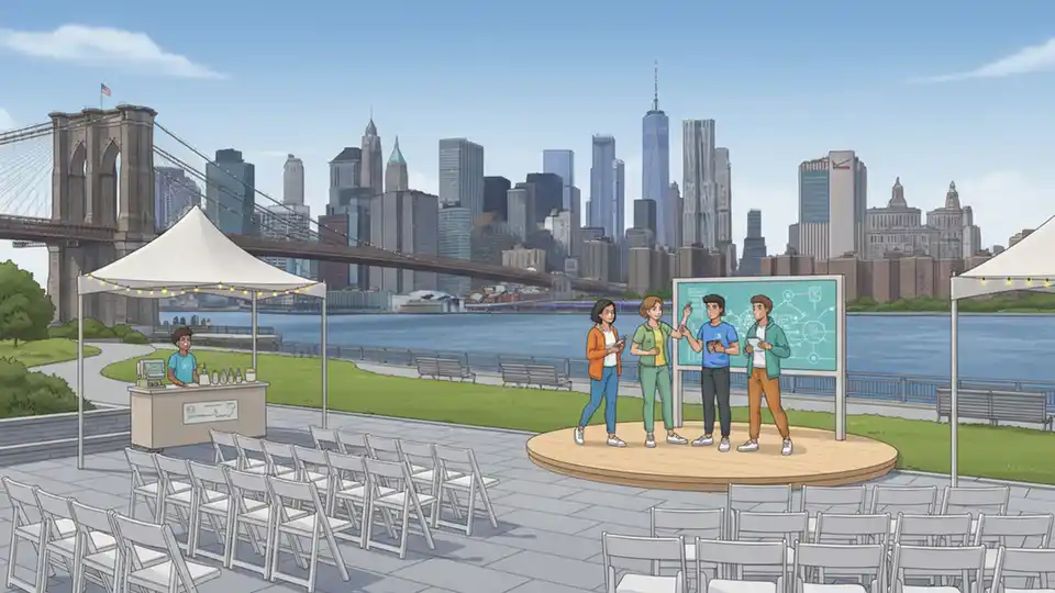Brooklyn Bridge Park waterfront viewing area with Manhattan skyline in background, setup for outdoor event