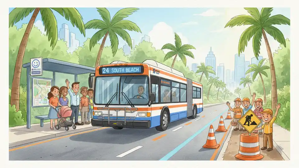 Transit bus approaching stop on multi-lane suburban road with traffic cones and construction signage
