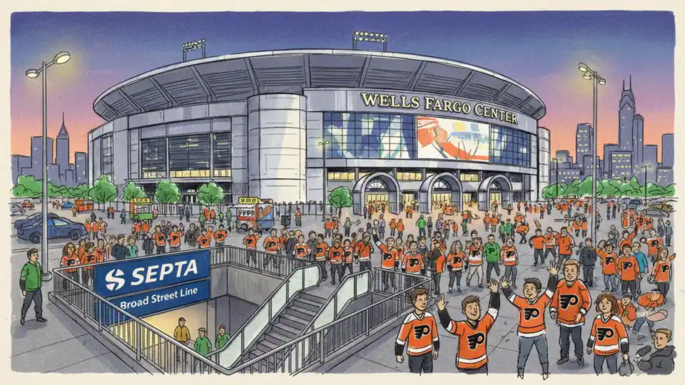 Wells Fargo Center exterior at dusk with SEPTA station entrance visible and crowds gathering for hockey game
