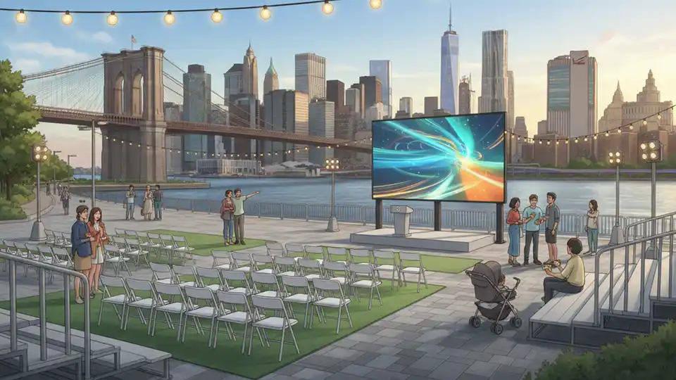 Brooklyn Bridge Park waterfront viewing area with large screen setup and seating for outdoor event