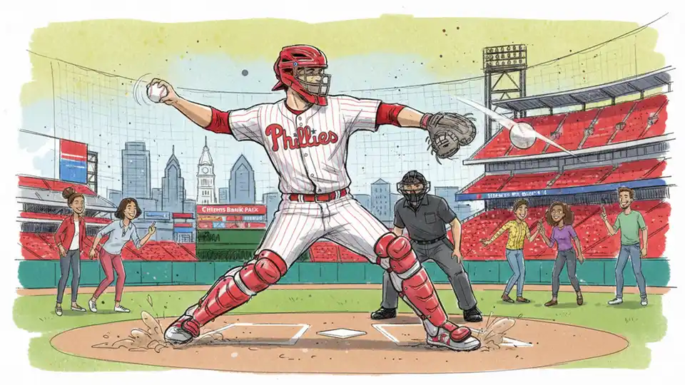 Philadelphia Phillies catcher Garrett Stubbs throwing to second base during pickoff attempt at Citizens Bank Park