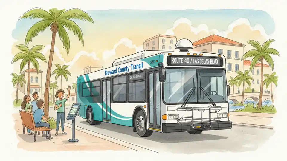 Broward County Transit bus on route with GPS tracking antenna visible on roof, showing real-time location technology that feeds data to mobile apps