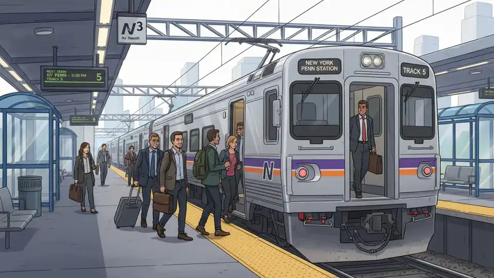 NJ Transit train at platform with passengers boarding