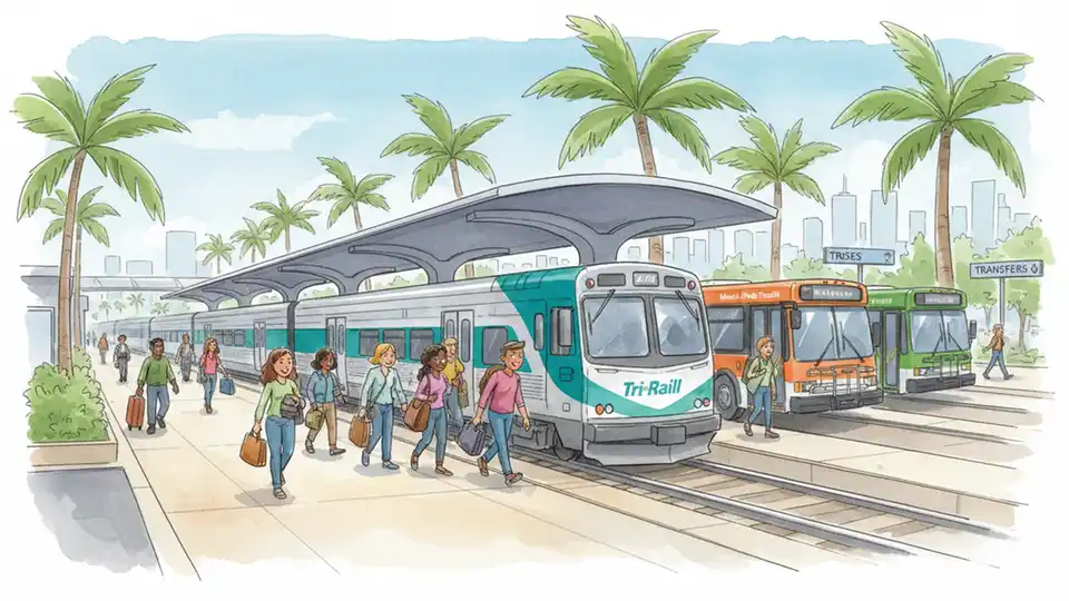 Wide view of South Florida transit hub showing Tri-Rail commuter train at platform with county buses in background, passengers boarding vehicles