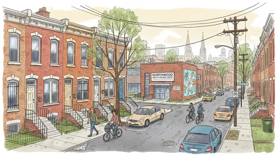 North Philadelphia neighborhood street view showing residential area between Hunting Park and East Tioga with community health center service area