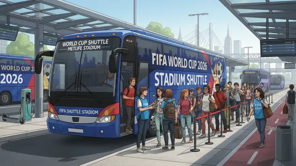 FIFA World Cup Stadium Shuttle bus at transit hub with passengers boarding