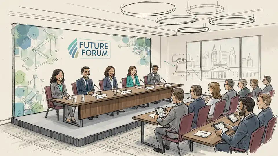 Panel discussion at business forum with speakers at podium and audience members seated in conference hall