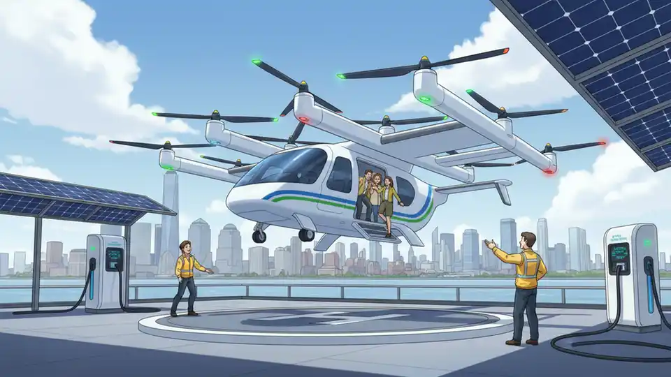 Electric air taxi landing at Manhattan heliport with charging infrastructure visible