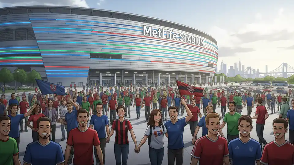 MetLife Stadium exterior with crowd of soccer fans approaching entrance gates