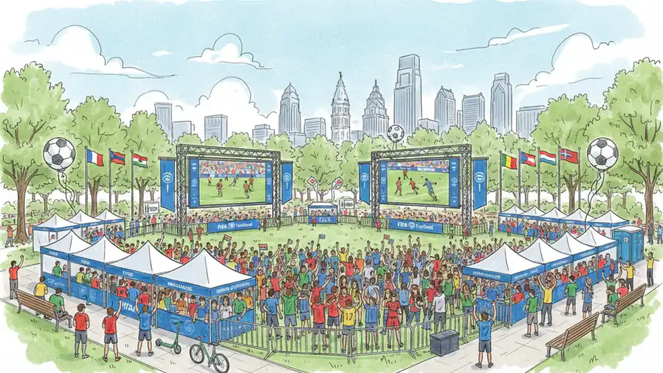FIFA Fan Festival setup in urban park with large viewing screens, vendor tents, and crowds of soccer fans