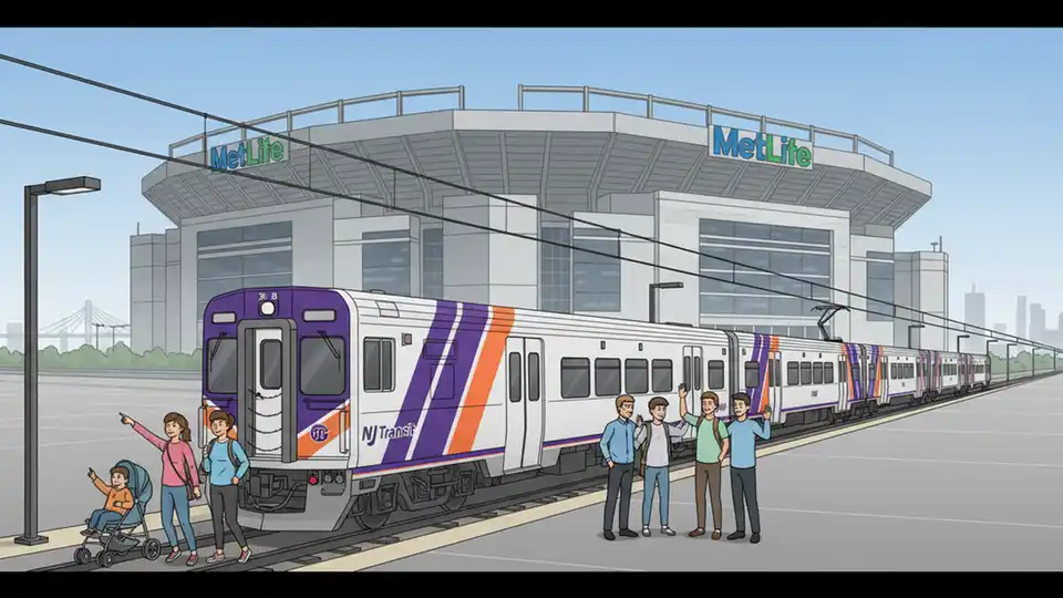 New Jersey Transit train at platform with MetLife Stadium visible in background