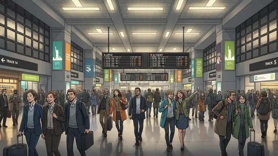 Crowded Penn Station concourse with commuters and travelers during peak hours