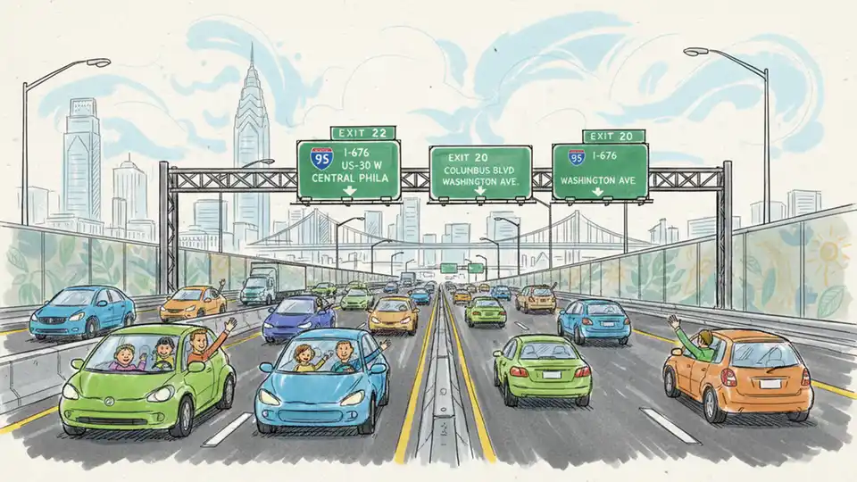 Interstate 95 highway with multiple lanes of traffic flowing, Philadelphia area freeway with exit signs visible
