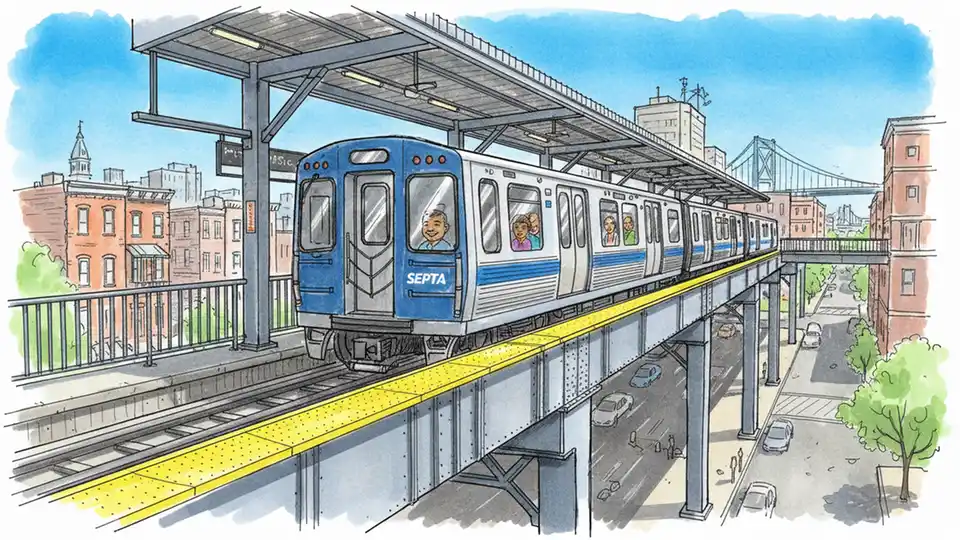 SEPTA Market-Frankford Line train at elevated outdoor station platform on sunny day