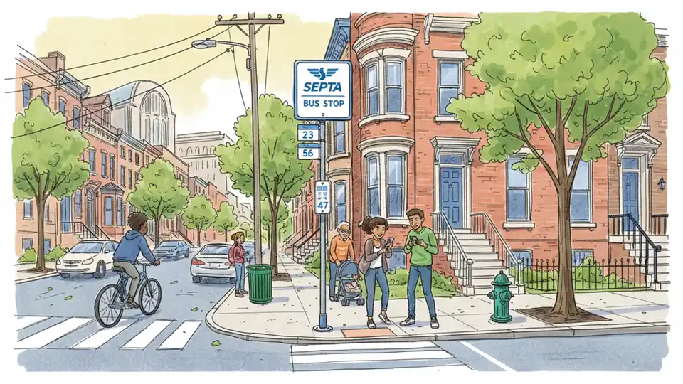 SEPTA bus stop sign on North Philadelphia street corner with residential buildings