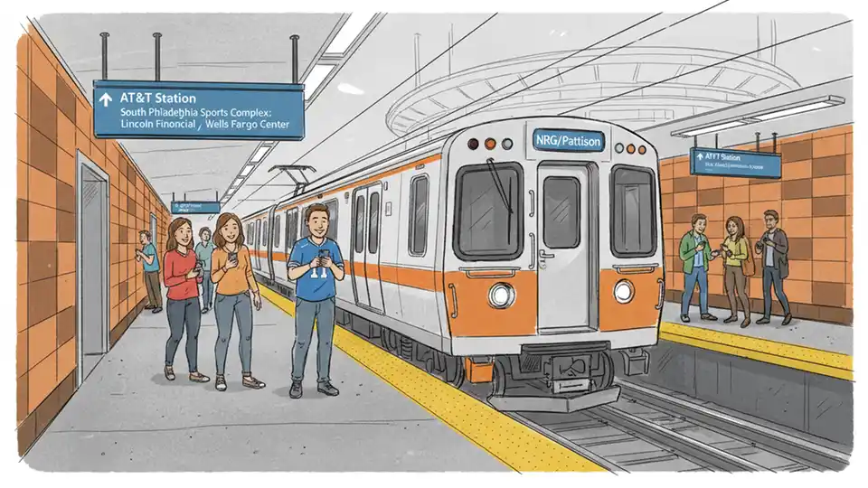 SEPTA Broad Street Line train at AT&T Station (formerly Pattison Station) serving South Philadelphia Sports Complex during normal service hours
