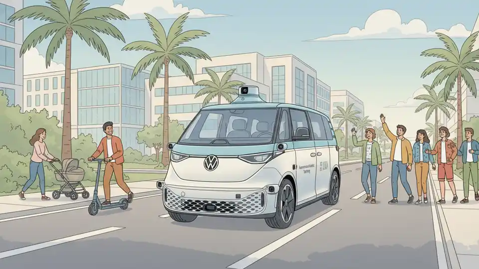 Autonomous Volkswagen ID.Buzz electric vehicle navigating Lake Nona streets with safety monitoring equipment visible