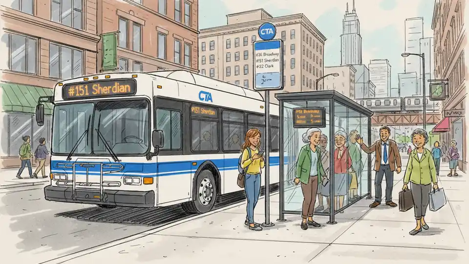 CTA bus at Chicago transit stop with passengers waiting and digital arrival board showing route information