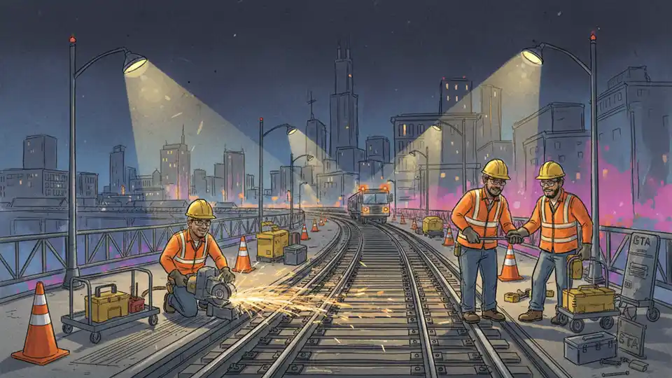 CTA track maintenance work at night with safety equipment and workers