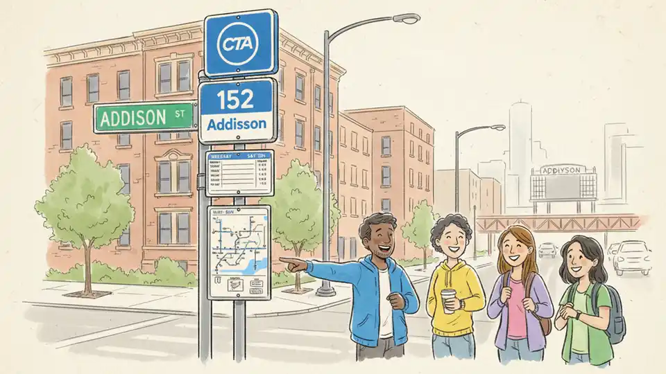 CTA bus stop sign showing route 152 Addison with street intersection in Chicago