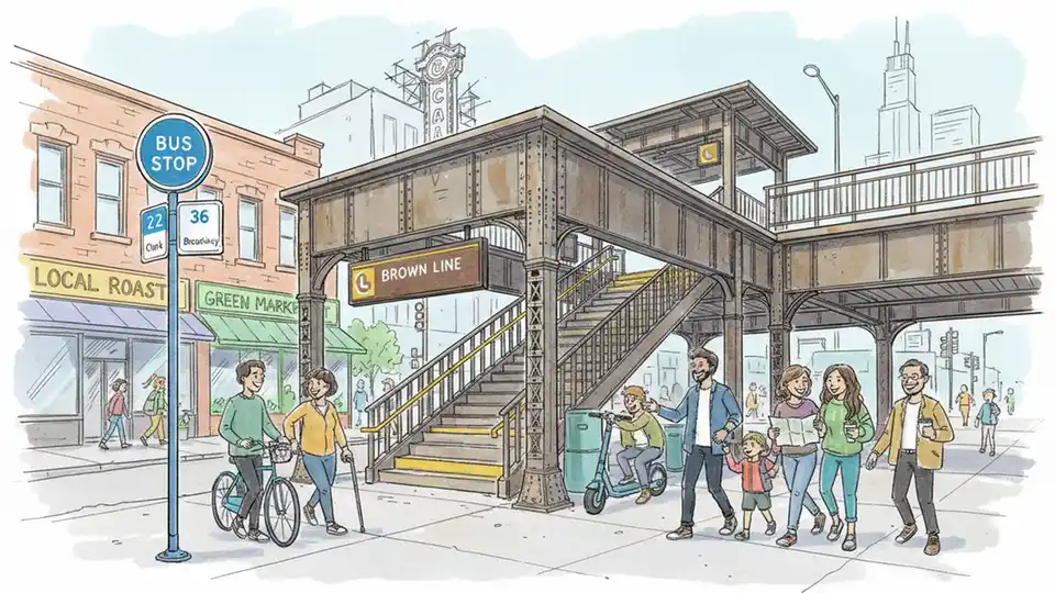 CTA Brown Line station entrance with bus stop sign in foreground, showing typical Chicago 'L' station architecture with stairs and transit infrastructure, urban setting