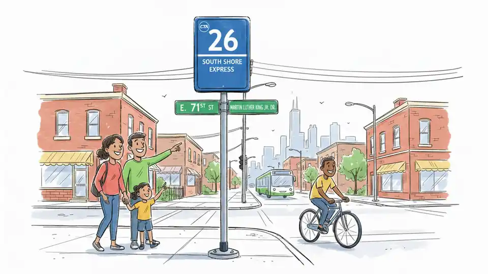 CTA bus stop sign for route #26 South Shore Express on Chicago's South Side with street intersection visible