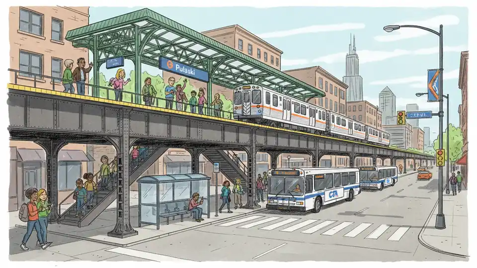 CTA Orange Line elevated train platform at Pulaski Station with bus terminal visible below