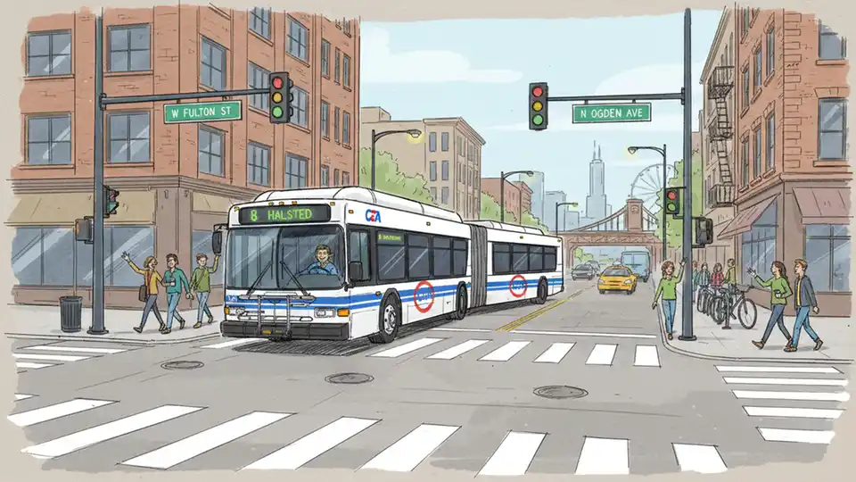CTA bus making turn at Chicago street intersection with traffic signals and street signs visible