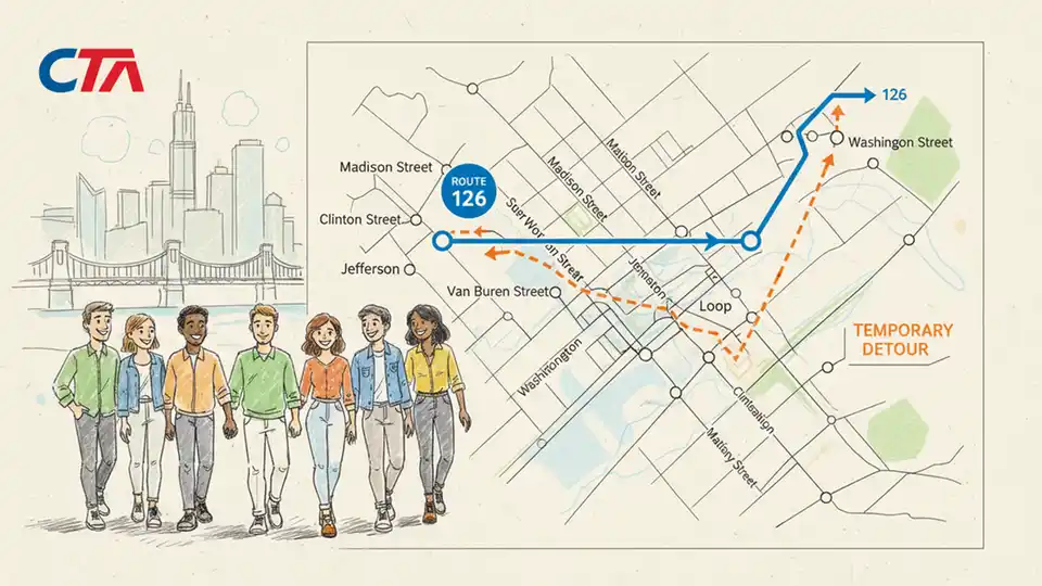 CTA route map showing downtown Chicago streets including Clinton, Madison, Van Buren, Jefferson, and Washington with bus route detour path