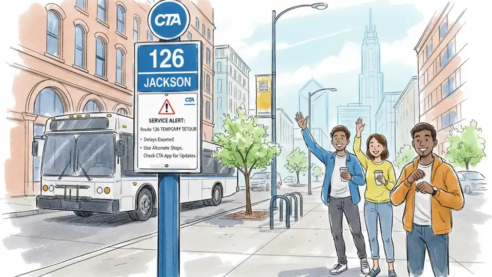 CTA bus stop sign showing route 126 Jackson with service alert notification posted