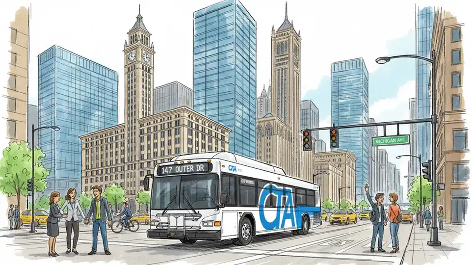 CTA express bus traveling on Michigan Avenue in downtown Chicago with Loop buildings in background