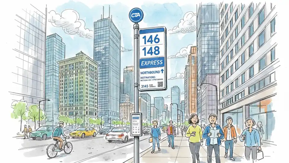 CTA bus stop sign showing route #146 and #148 express service information in Chicago's downtown Loop district