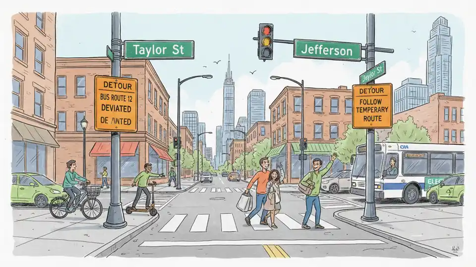Chicago street intersection showing bus route detour signage with Taylor Street and Jefferson Street signs visible