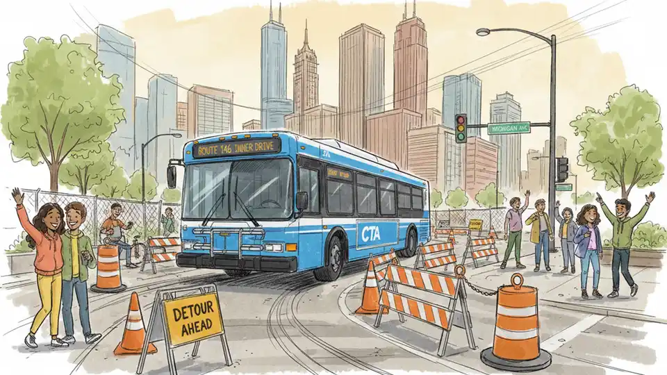 Chicago CTA bus navigating downtown street detour with construction barriers visible in background