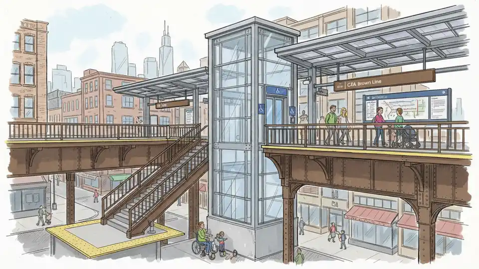 CTA Brown Line station platform showing accessible elevator and alternative station access points