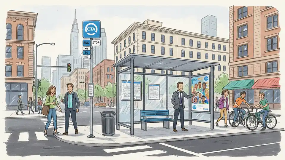 Chicago Transit Authority bus stop sign and shelter at urban intersection with pedestrian crosswalk