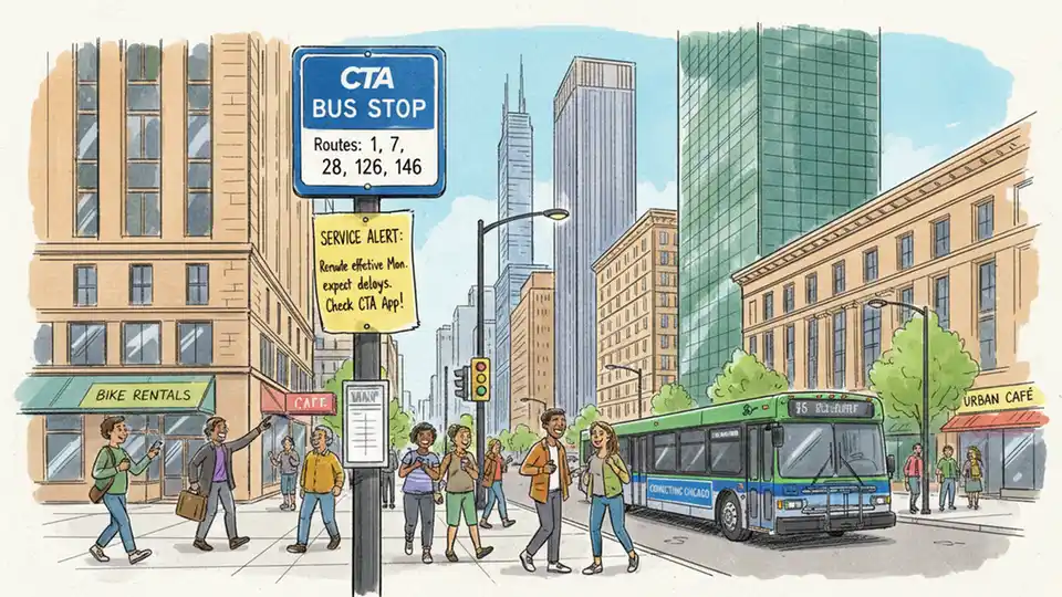 CTA bus stop sign downtown Chicago Loop with temporary service alert posted