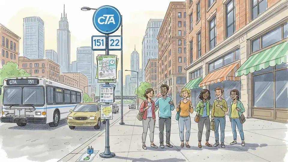 CTA bus stop sign with route number and schedule information posted on urban street pole