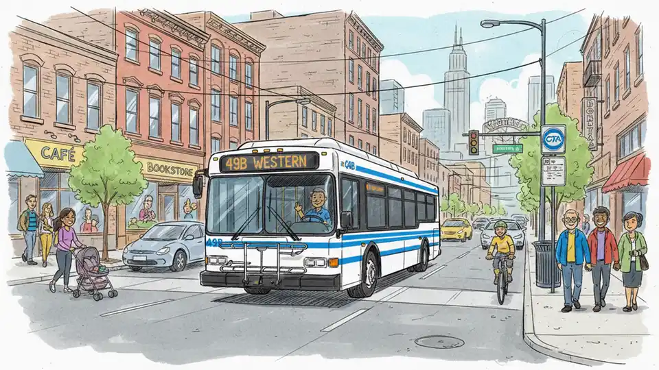 CTA bus route 49B traveling on Western Avenue in Chicago with urban streetscape
