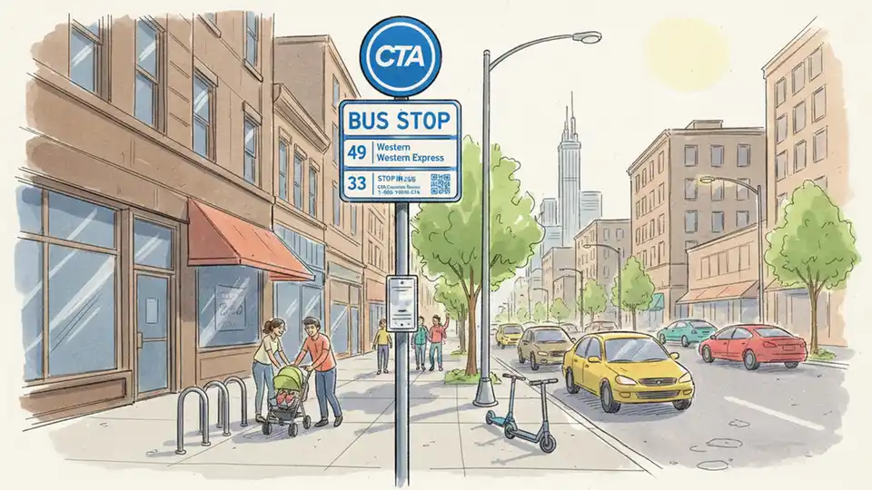 Chicago Transit Authority bus stop sign on Western Avenue with route information display