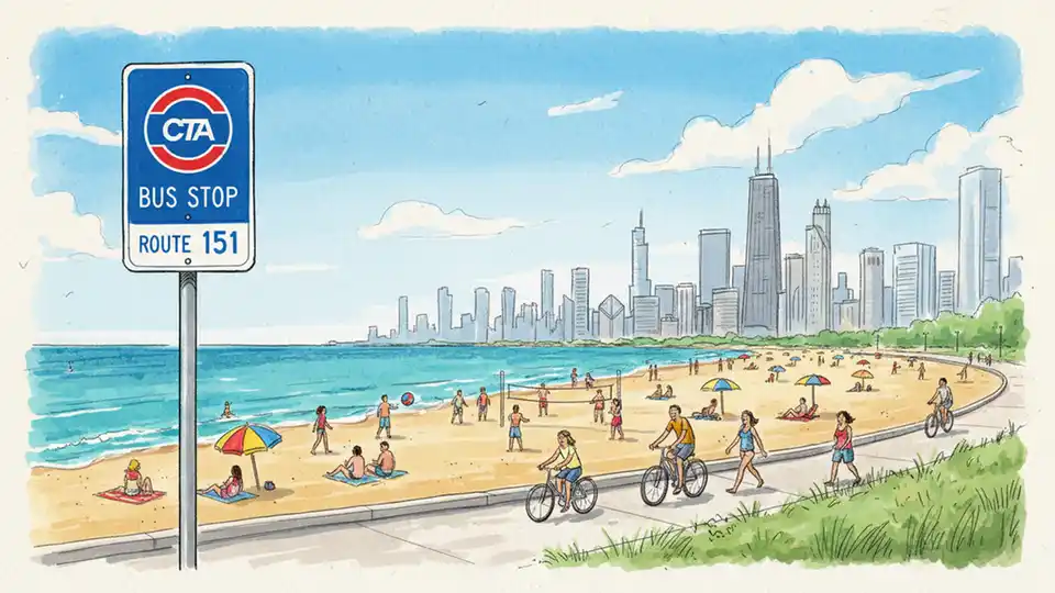 Chicago lakefront beach scene with CTA bus stop sign in foreground, beachgoers and Lake Michigan shoreline visible