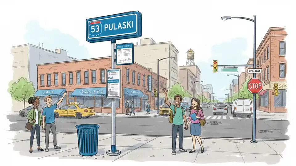 CTA bus stop sign showing Route 53 Pulaski service information, with Chicago street scene in background