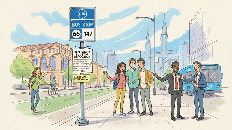 CTA bus stop sign pole with route number and temporary relocation notice posted