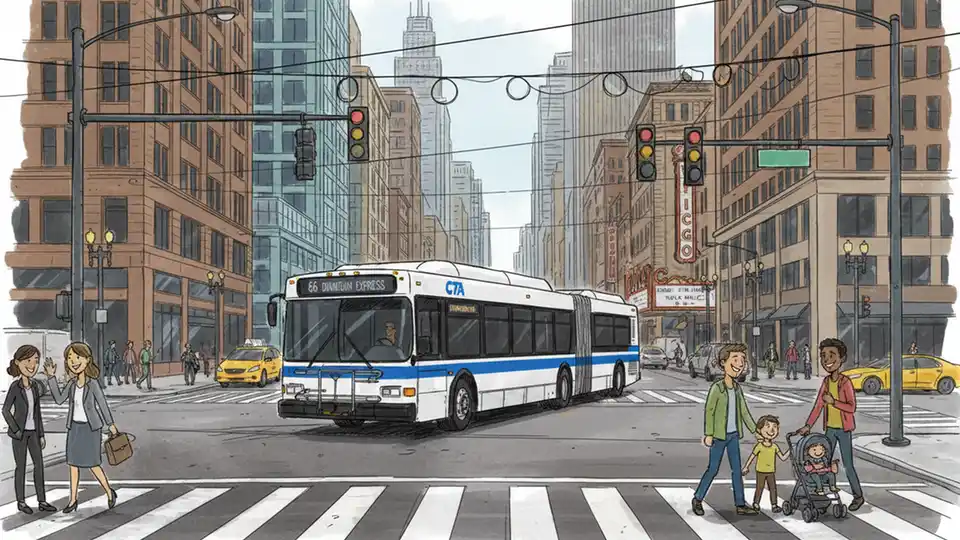 Chicago city bus navigating urban street intersection with traffic signals and buildings