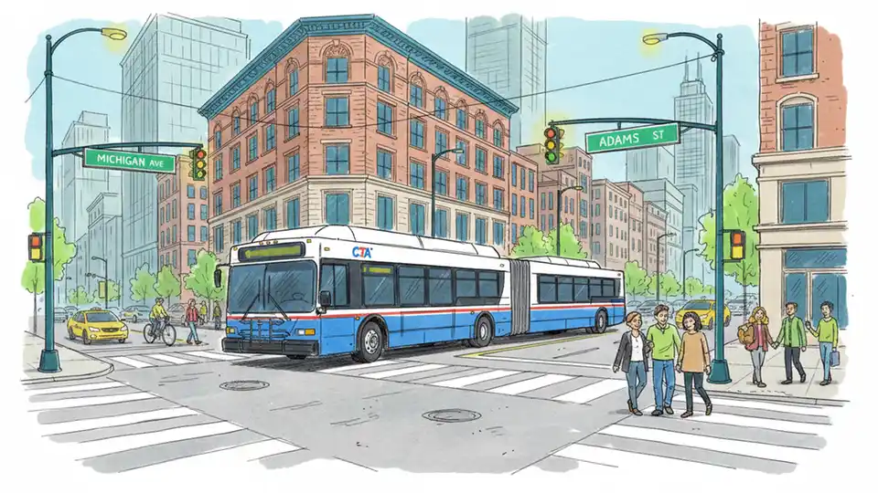 Chicago CTA bus turning at urban intersection with street signs visible