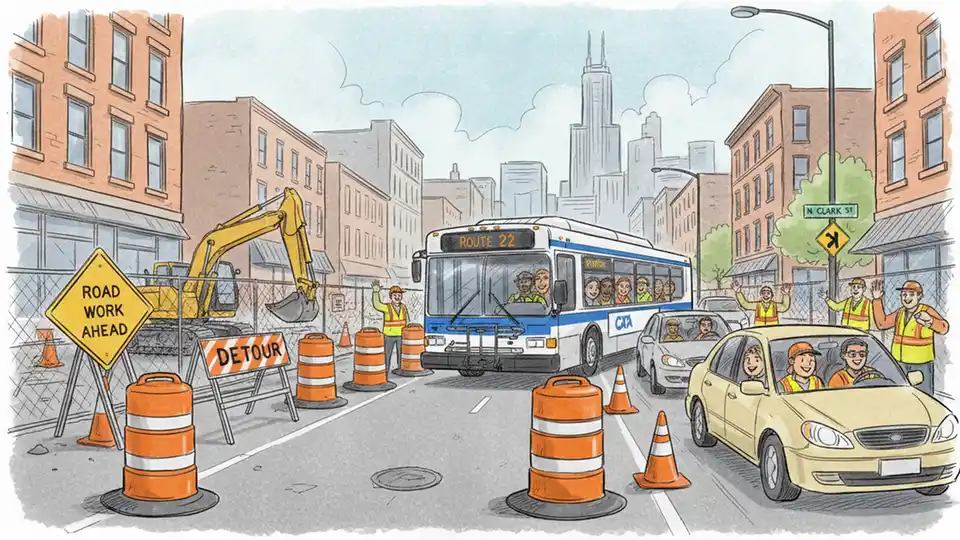 Construction work zone on Chicago street with orange barrels and detour signs affecting CTA bus route